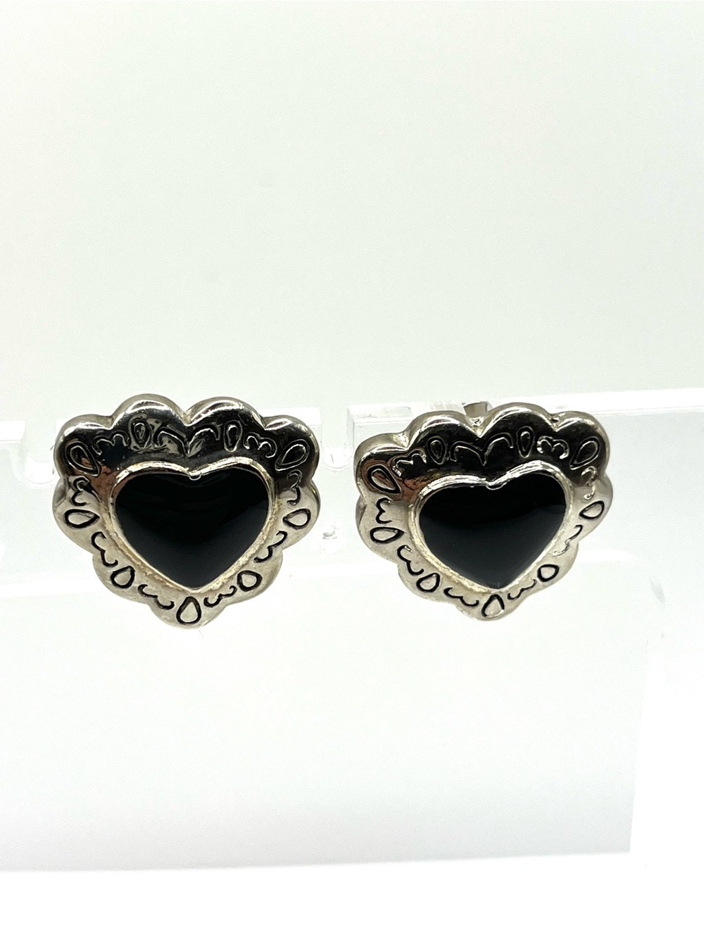 Silver Heart Black Enamel Stud Earrings